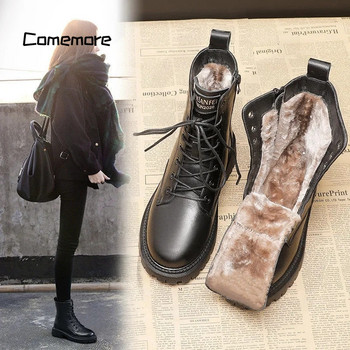 Comemore Черни кожени ботуши Боти до глезена Плюшени топли обувки на платформа Модни британски стил Botas Зимни кожени ботуши Дамски обувки 40