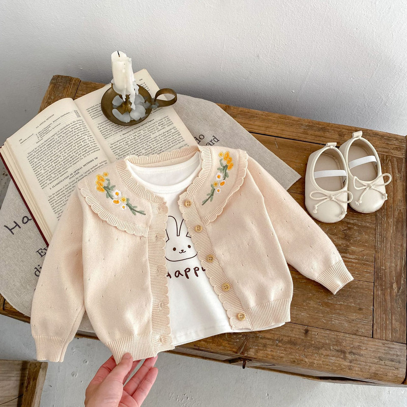 INS 2023 Φθινοπωρινό βρεφικό κοριτσάκι Γλυκό πλεκτό πουλόβερ για νήπιο κοριτσάκι Κέντημα λουλουδιών Κούφι έξω πλεκτό βαμβακερό μακρυμάνικο παλτό