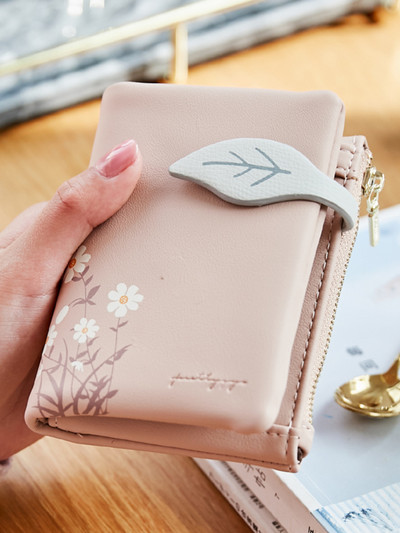 Portofel pentru fete Poșeta pentru monede pentru studenți, model frunze, portmoneu pentru femei, piele moale PU, portofele mici, scurte, pentru femei, cu fermoar, geantă de bani