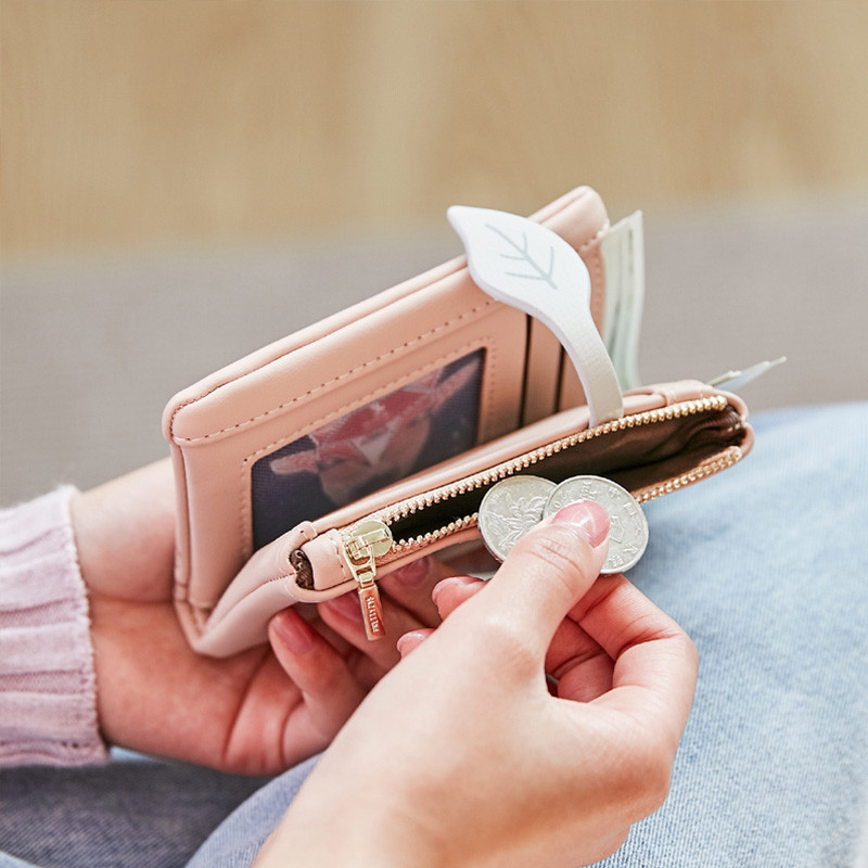 Portofel pentru fete Poșeta pentru monede pentru studenți, model frunze, portmoneu pentru femei, piele moale PU, portofele mici, scurte, pentru femei, cu fermoar, geantă de bani