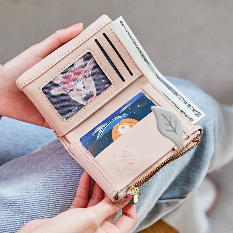 Portofel pentru fete Poșeta pentru monede pentru studenți, model frunze, portmoneu pentru femei, piele moale PU, portofele mici, scurte, pentru femei, cu fermoar, geantă de bani