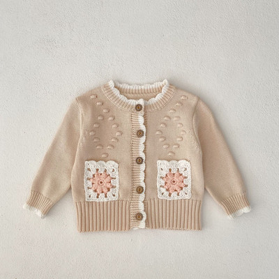 Toamnă Bebeluși Fetițe Pulovere tricotate dulci Jachete Cardigan Copii mici Floare scobite din bumbac tricotat Manecă lungă