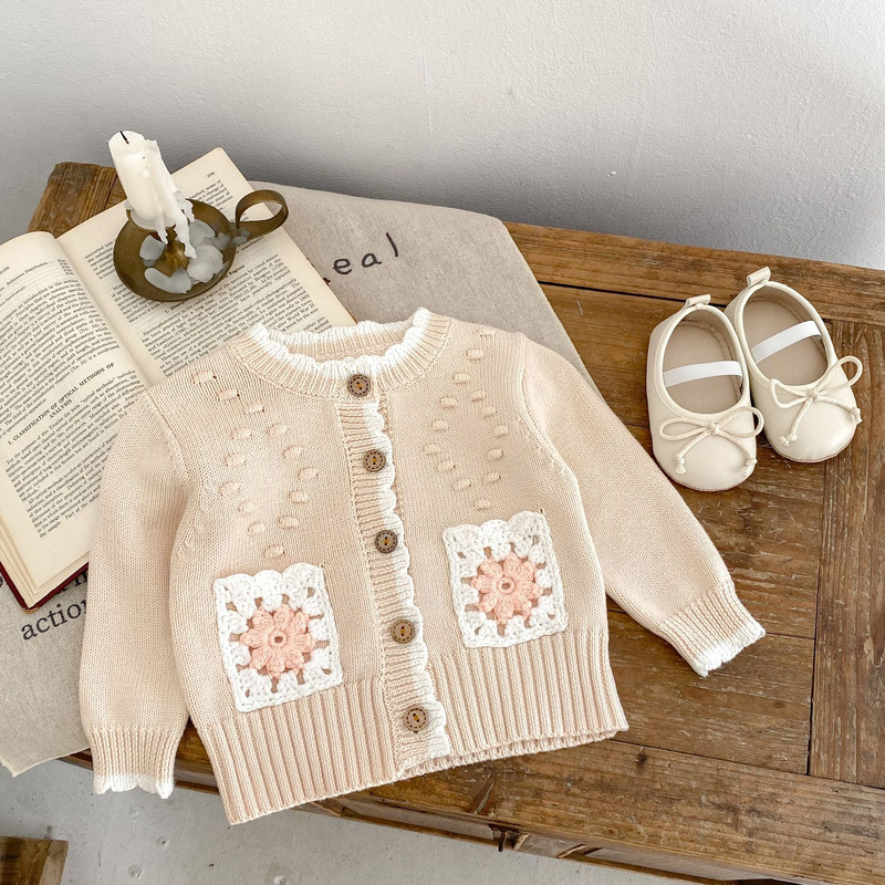 Φθινοπωρινά βρεφικά κοριτσάκια Γλυκά πλεκτά πουλόβερ Ζακέτες νήπιο μωρό λουλούδι πλεκτό βαμβακερό μακρυμάνικο παλτό