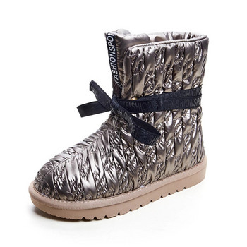 Модни дамски ботуши за сняг 2022, нови зимни плюшени ботуши с удебеляване на глезена Водоустойчива панделка от пух Лека памучна обувка Mujer