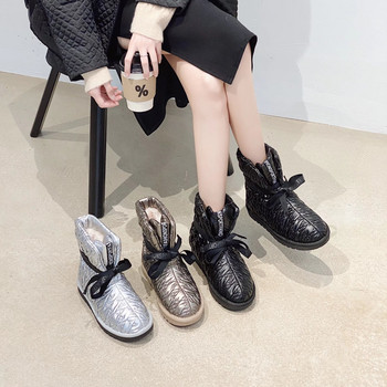 Модни дамски ботуши за сняг 2022, нови зимни плюшени ботуши с удебеляване на глезена Водоустойчива панделка от пух Лека памучна обувка Mujer