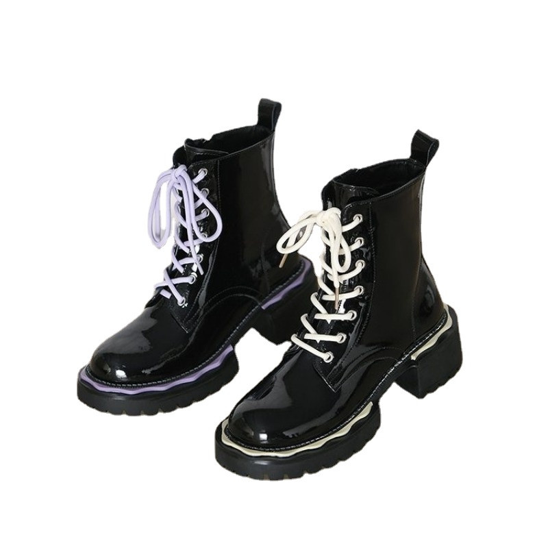 Mustad lakknahast naiste saapad 2023, uued talvised pehmed poolsaapad Briti stiilis nööriga mootorrattasaabas, naiste Bota Feminina