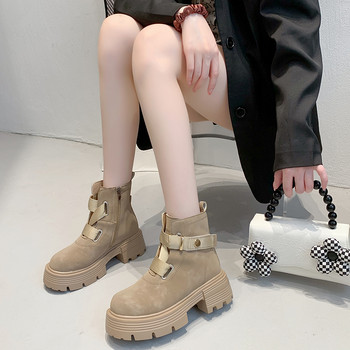 Дамски обувки 2023 Гореща разпродажба Дамски ботуши с катарама за колан Модни ежедневни ботуши със страничен цип Дамски висококачествени ботуши с кръгли пръсти