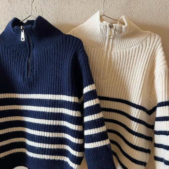 7120 Детски дрехи Плетени пуловери Есен 2023 Нов семпъл пуловер за момчета на райета Горна част Свободен пуловер за момичета Casul