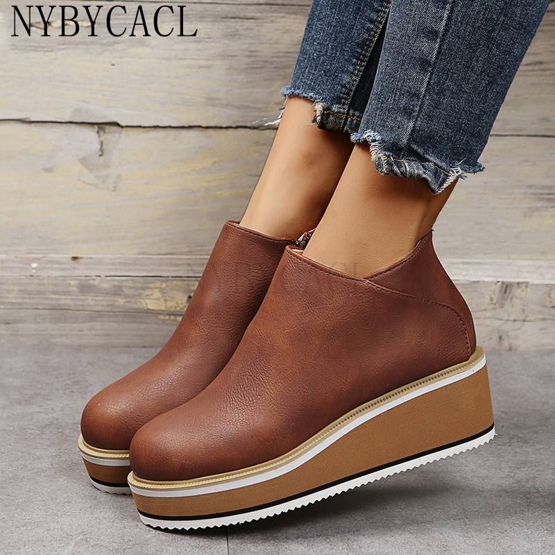 Cizme de damă cu platformă, la modă, toamnă și iarnă, fermoar de culoare uni, cizme de zăpadă cu talpă groasă, cizme scurte confortabile pentru exterior