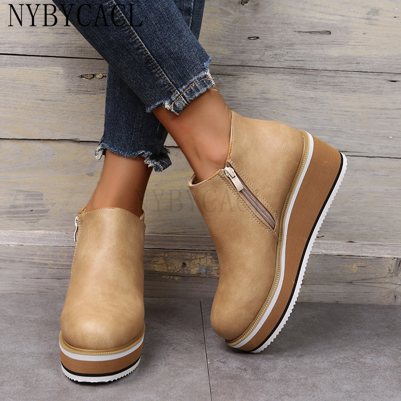 Cizme de damă cu platformă, la modă, toamnă și iarnă, fermoar de culoare uni, cizme de zăpadă cu talpă groasă, cizme scurte confortabile pentru exterior