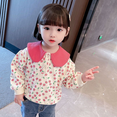 Kevad-sügis kirsitrükk Magusad armsad tüdrukute dressipluusid pikkade varrukatega mood Laste topid Armsad vabaaja puuvillased lasteriided