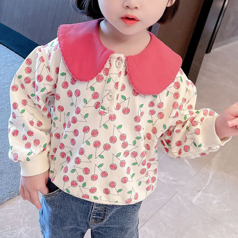Kevad-sügis kirsitrükk Magusad armsad tüdrukute dressipluusid pikkade varrukatega mood Laste topid Armsad vabaaja puuvillased lasteriided