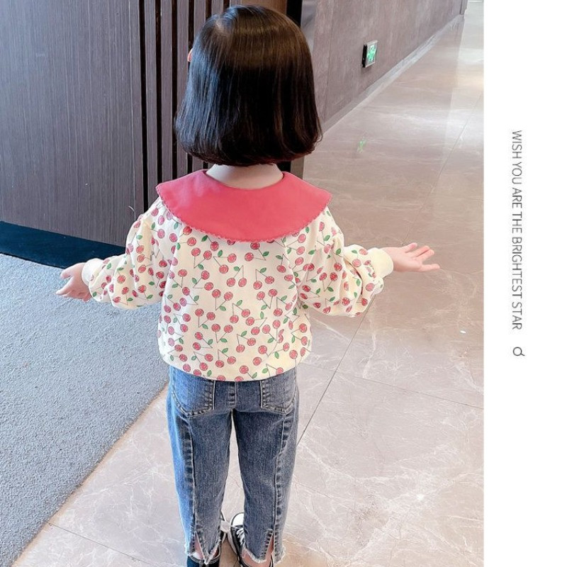 Kevad-sügis kirsitrükk Magusad armsad tüdrukute dressipluusid pikkade varrukatega mood Laste topid Armsad vabaaja puuvillased lasteriided