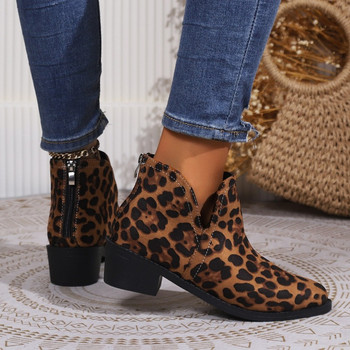 Обувки за жени 2023 г. Горещи разпродажби Дамски ботуши с цип Зимни велурени обли пръсти Леопардов принт Къси модни ботуши с масивен ток