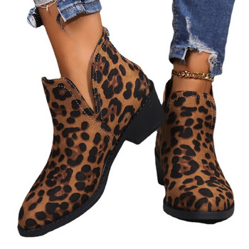 Обувки за жени 2023 г. Горещи разпродажби Дамски ботуши с цип Зимни велурени обли пръсти Леопардов принт Къси модни ботуши с масивен ток