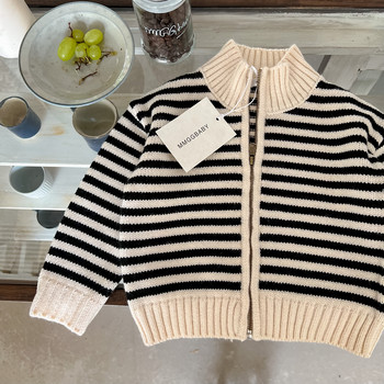 Детски пуловер 2023 Есен Нова мода за момчета и момичета Плетена жилетка с обикновени райета Бебешко палто с цип