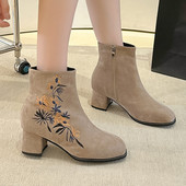 Naiste kingad 2023 Moodsad küljetõmblukuga naiste saapad Talvised poolsaapad Naiste tikandid Ümmarguse ninaga kõrge turske kontsaga naiste kingad