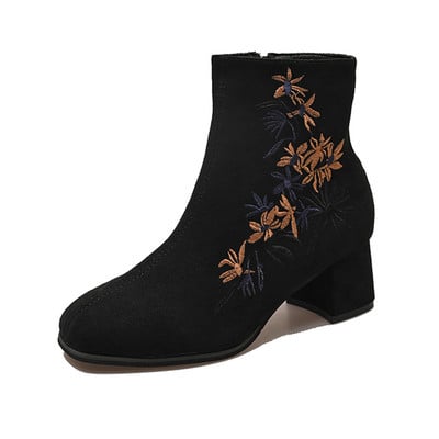 Naiste kingad 2023 Moodsad küljetõmblukuga naiste saapad Talvised poolsaapad Naiste tikandid Ümmarguse ninaga kõrge turske kontsaga naiste kingad