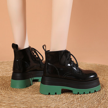 Обувки за жени 2023 г. Нови черни лачени дамски ботуши Неплъзгащи се дебели подметки Мотоциклетни ботуши Модни универсални зелени ботуши