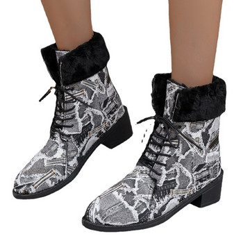 Разпродажба на дамски обувки Модни дамски ботуши с връзки през 2023 г. Зимни дънкови ботуши със заоблени пръсти Смесени цветове Къси модни ботуши с масивен ток