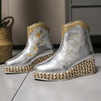 2023 Зимни обувки за жени Ретро Дамски боти до глезена с цип Дамски обувки на ток със среден ток Дамски обувки Дамски ботуши с бродирана платформа