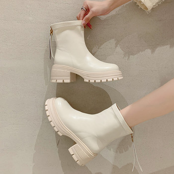 Разпродажба на дамски обувки 2023 г. Нови дамски ботуши на платформа Модерни ботуши Дамски шиещи заден цип Обувки с кръгли пръсти с масивен ток Дамски