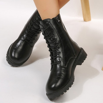 Дамски обувки 2023 г. Модни дамски ботуши до глезена Класически модерни ботуши Дамски обувки със страничен цип с връзки и кръгли пръсти Дамски обувки с нисък ток