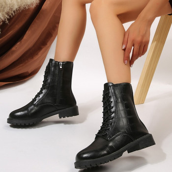 Дамски обувки 2023 г. Модни дамски ботуши до глезена Класически модерни ботуши Дамски обувки със страничен цип с връзки и кръгли пръсти Дамски обувки с нисък ток