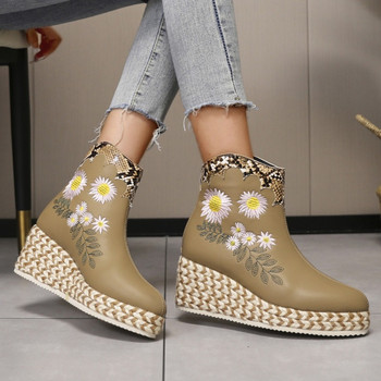 2023 Зимни обувки с голям размер за жени Дамски ботуши с цип на гърба Дамски ботуши на ток Платформа Дамски обувки Дамски ботуши с бродиране