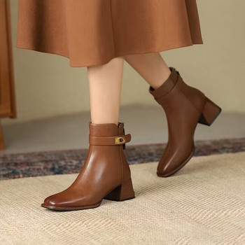 Дамски обувки 2023 Дамски ботуши с цип на гърба и глезена Елегантни модерни ботуши Дамски обувки с метална декорация с квадратни пръсти и масивен ток