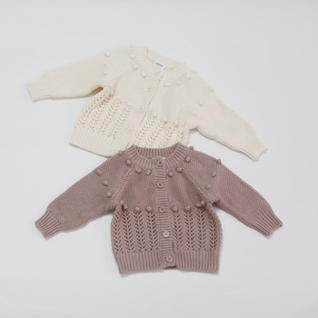 Νέα χειμωνιάτικα πλεκτά πουλόβερ για κοριτσάκια με κούφιο ύφος Κορεατικού στυλ Καθαρό χρώμα Pompon Παιδικά παλτό για νήπια