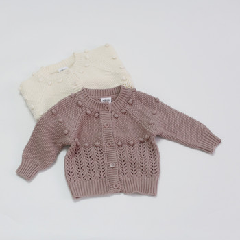 Νέα χειμωνιάτικα πλεκτά πουλόβερ για κοριτσάκια με κούφιο ύφος Κορεατικού στυλ Καθαρό χρώμα Pompon Παιδικά παλτό για νήπια
