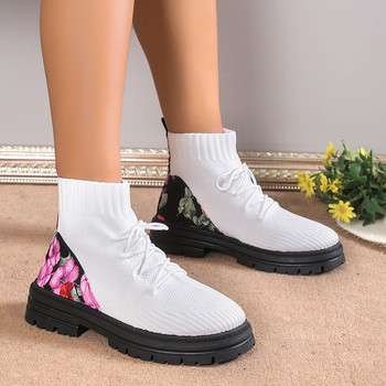 Дамски обувки 2023 г. Нови модерни дамски ботуши с щампи на цветя Мрежести дишащи ежедневни обувки Есенни зимни спортни ботуши с неплъзгаща се дебела подметка