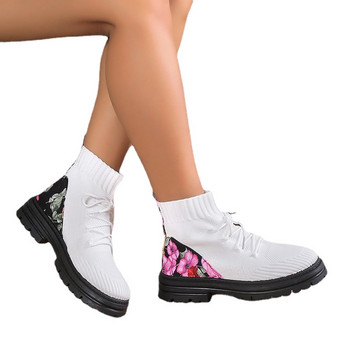 Дамски обувки 2023 г. Нови модерни дамски ботуши с щампи на цветя Мрежести дишащи ежедневни обувки Есенни зимни спортни ботуши с неплъзгаща се дебела подметка