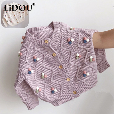 Jarné jesenné jednofarebné kórejské sladké kawaii dievčenské sveterové kardigany s jedným riadkom a fialovými topmi, roztomilé detské oblečenie pre všetky vekové kategórie