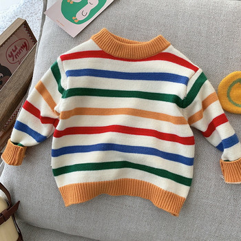 Нов детски пуловер за бебета, момичета, момчета, есен, зима, пуловер с дъгови ивици с цял ръкав, пуловер, пуловер за малки деца, плетен пуловер