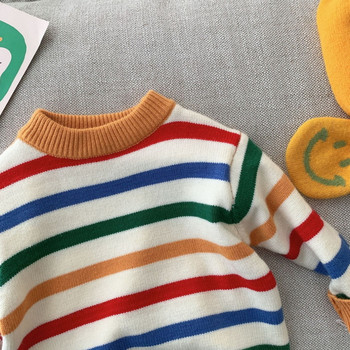 Нов детски пуловер за бебета, момичета, момчета, есен, зима, пуловер с дъгови ивици с цял ръкав, пуловер, пуловер за малки деца, плетен пуловер