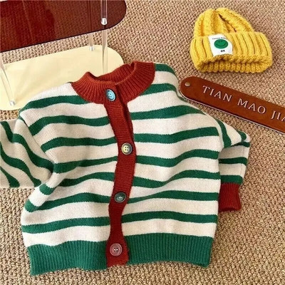 Uued lapsed Beebidele Tüdrukutele Poiste Kampsun Sügistalvine Täisvarrukatega Vikerkaare Triibud Pullover Kampsun Väikelaste Laste Kootud Kampsun