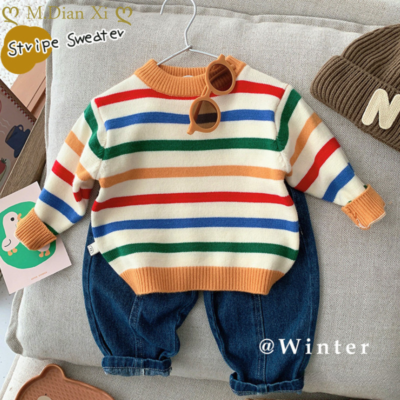 Uued lapsed Beebidele Tüdrukutele Poiste Kampsun Sügistalvine Täisvarrukatega Vikerkaare Triibud Pullover Kampsun Väikelaste Laste Kootud Kampsun