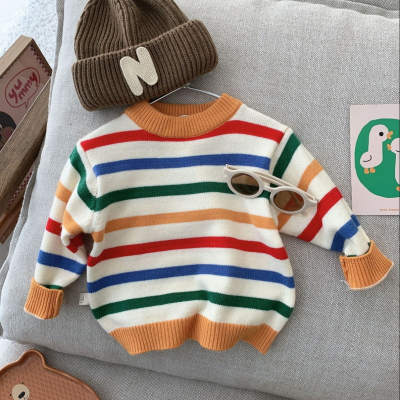 Uued lapsed Beebidele Tüdrukutele Poiste Kampsun Sügistalvine Täisvarrukatega Vikerkaare Triibud Pullover Kampsun Väikelaste Laste Kootud Kampsun
