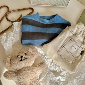 Детско облекло Детски пуловер Пролет 2023 г. Нов плетен пуловер на райета за момчета и момичета Бебешки моден ежедневен пуловер с кръгла яка