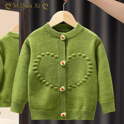 Children`s Clothing Cardigan Sweater Girls Fashion Hand Embroidered Heart Button Knit Cardigan Girls Baby Spring Autumn Sweater
