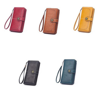 Нова ретро дълга чанта, реколта, плътен цвят маслен восък, издълбан портфейл, многофункционална чанта за мобилен телефон с голям капацитет за жени
