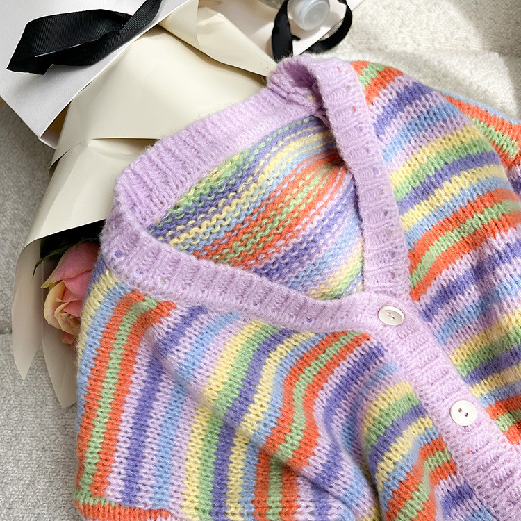 deer jonmi Uus sügisene korea stiilis beebitüdrukute vikerkaare triibuline silmkoeline kampsun mantlid V kaelusega väikelastele Laste šikid kampsunid