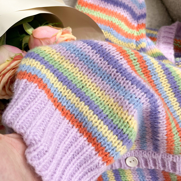 deer jonmi Uus sügisene korea stiilis beebitüdrukute vikerkaare triibuline silmkoeline kampsun mantlid V kaelusega väikelastele Laste šikid kampsunid