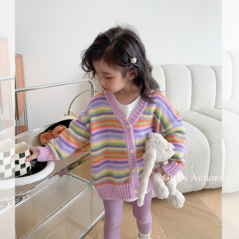 deer jonmi Uus sügisene korea stiilis beebitüdrukute vikerkaare triibuline silmkoeline kampsun mantlid V kaelusega väikelastele Laste šikid kampsunid