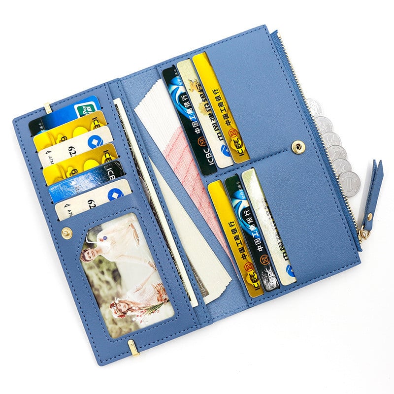 Дълъг кожен портфейл Дамски държач за визитки Калъф с цип/закопчалка Чанта за мобилен телефон Чанта за пари Банкови портфейли