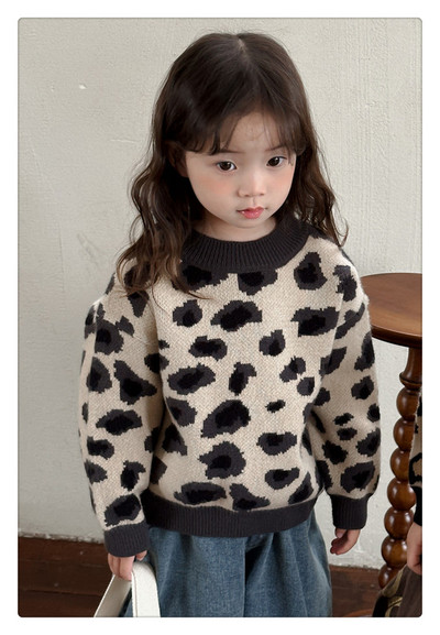 Detské pletené svetre s leopardím vzorom, unisex, ležérne svetre s motívom jeleňa jonmi z roku 2023, nové, zimné, v kórejskom štýle, s motívom unisexu.