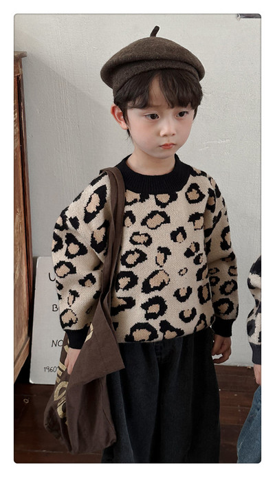 Detské pletené svetre s leopardím vzorom, unisex, ležérne svetre s motívom jeleňa jonmi z roku 2023, nové, zimné, v kórejskom štýle, s motívom unisexu.
