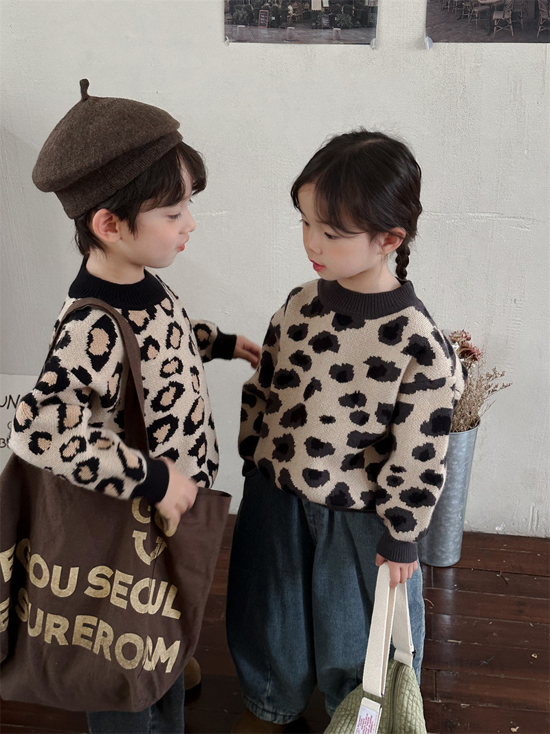 Detské pletené svetre s leopardím vzorom, unisex, ležérne svetre s motívom jeleňa jonmi z roku 2023, nové, zimné, v kórejskom štýle, s motívom unisexu.